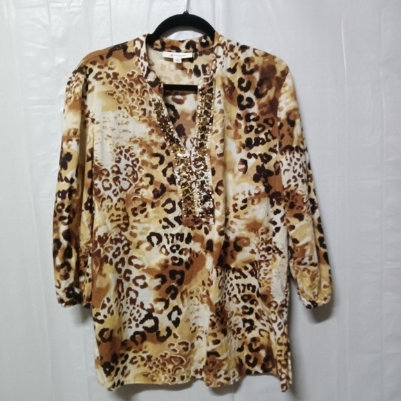 𝅺JM Collection Animal Print Tunic Top Beaded Split V-Neck Cotton Size 12 - Picture 1 of 9